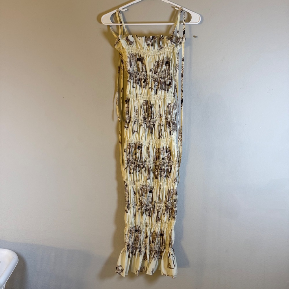 Kijun Libre Dress Cream Graphic Print Smocked‎ Ruffle Midi Women Size M